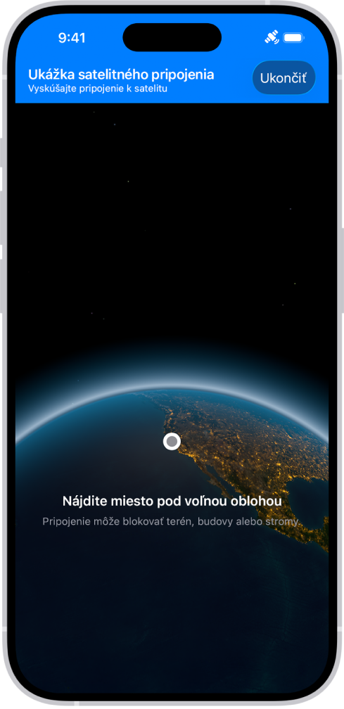 Ukážka satelitného pripojenia dostupná v apke Nastavenia poskytuje náhľad toho, čo uvidíte, keď otvoríte apku Správy na iPhone 14 alebo novšom a nemáte pokrytie mobilnou alebo Wi‑Fi sieťou.