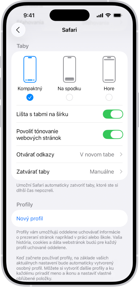 Obrazovka s tromi možnými rozloženiami okna Safari: Kompaktné, Na spodku a Hore.