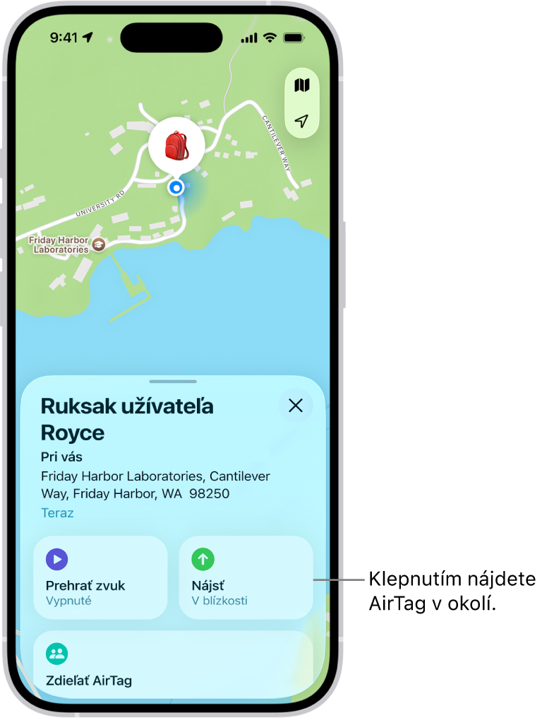 Otvorená apka Nájsť, v ktorej sa zobrazujú Dannyho kľúče v parku Golden Gate Park. Klepnutím na tlačidlo Nájsť zobrazíte polohu AirTagu v blízkosti.