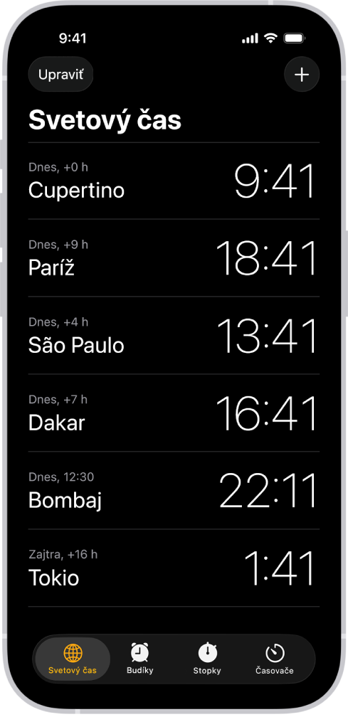 Záložka Svetový čas zobrazujúca čas v rôznych mestách. Po klepnutí na tlačidlo Upraviť v blízkosti ľavého horného rohu môžete zmeniť poradie hodín alebo niektoré z nich vymazať. Ak chcete pridať ďalšie hodiny, klepnite na tlačidlo Pridať v blízkosti pravého horného rohu. V spodnej časti sa nachádzajú tlačidlá Svetový čas, Stopky a Časovače.