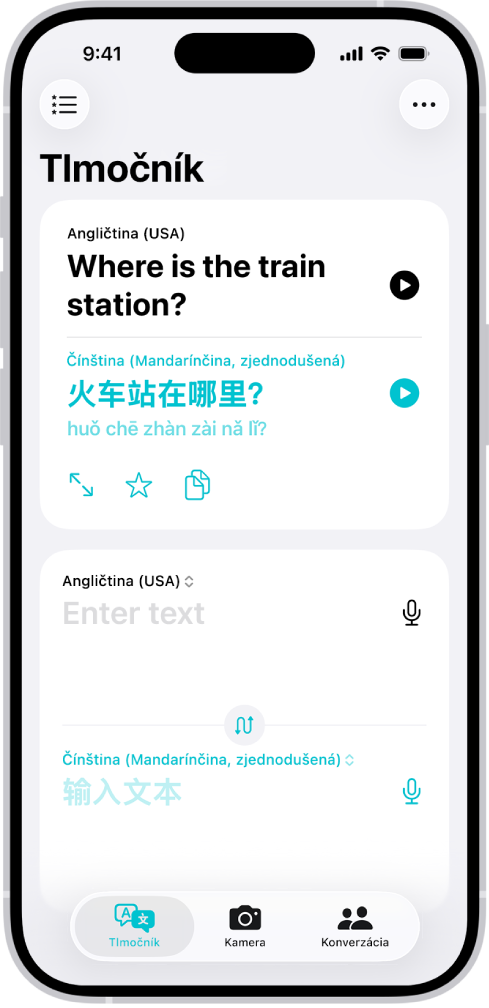 Tab Tlmočník zobrazujúci preloženú frázu z angličtiny do čínštiny. Vľavo hore je tlačidlo Obľúbené. Vpravo hore sa nachádza tlačidlo Viac. Dole sa zľava doprava nachádzajú tlačidlá Preklad, Kamera a Konverzácia.