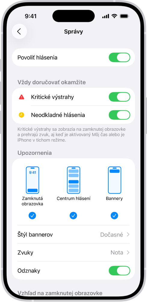 Nastavenia hlásení pre Správy v apke Nastavenia.