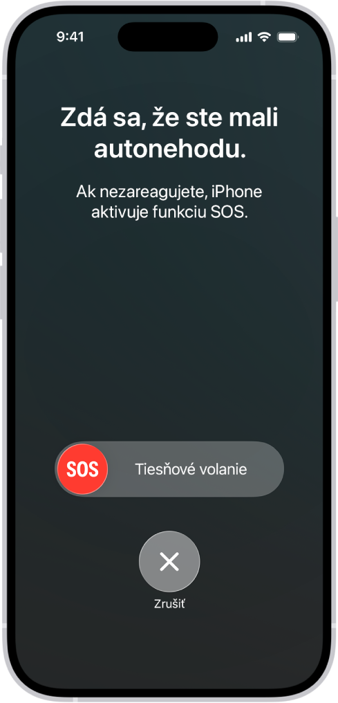 Na obrazovke detekcie nehôd sa zobrazuje hlásenie o detegovanej nehode a pod ním je posuvník SOS pre tiesňový hovor spolu s tlačidlom Zrušiť.