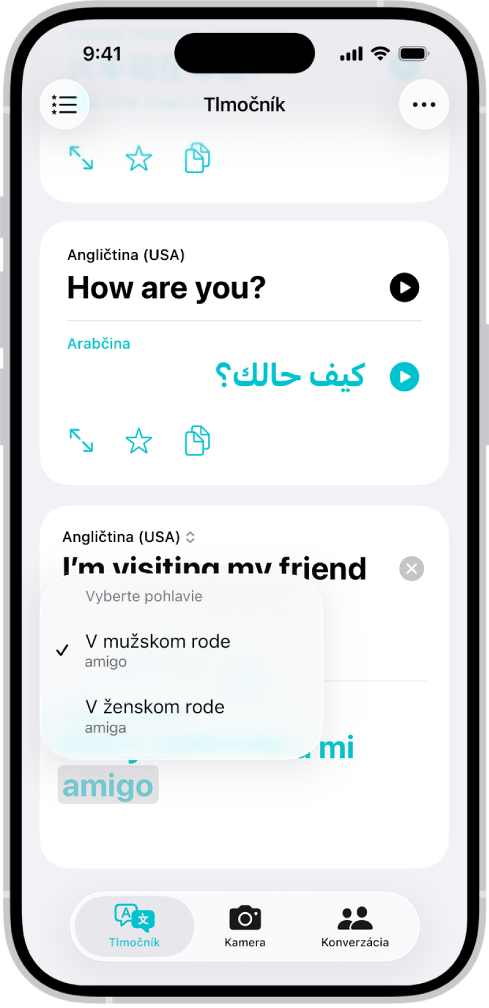 Tab Preklad zobrazujúci preloženú frázu z angličtiny do španielčiny a pod tým slovo s rôznymi rodovými variantmi zvýraznené sivou farbou.