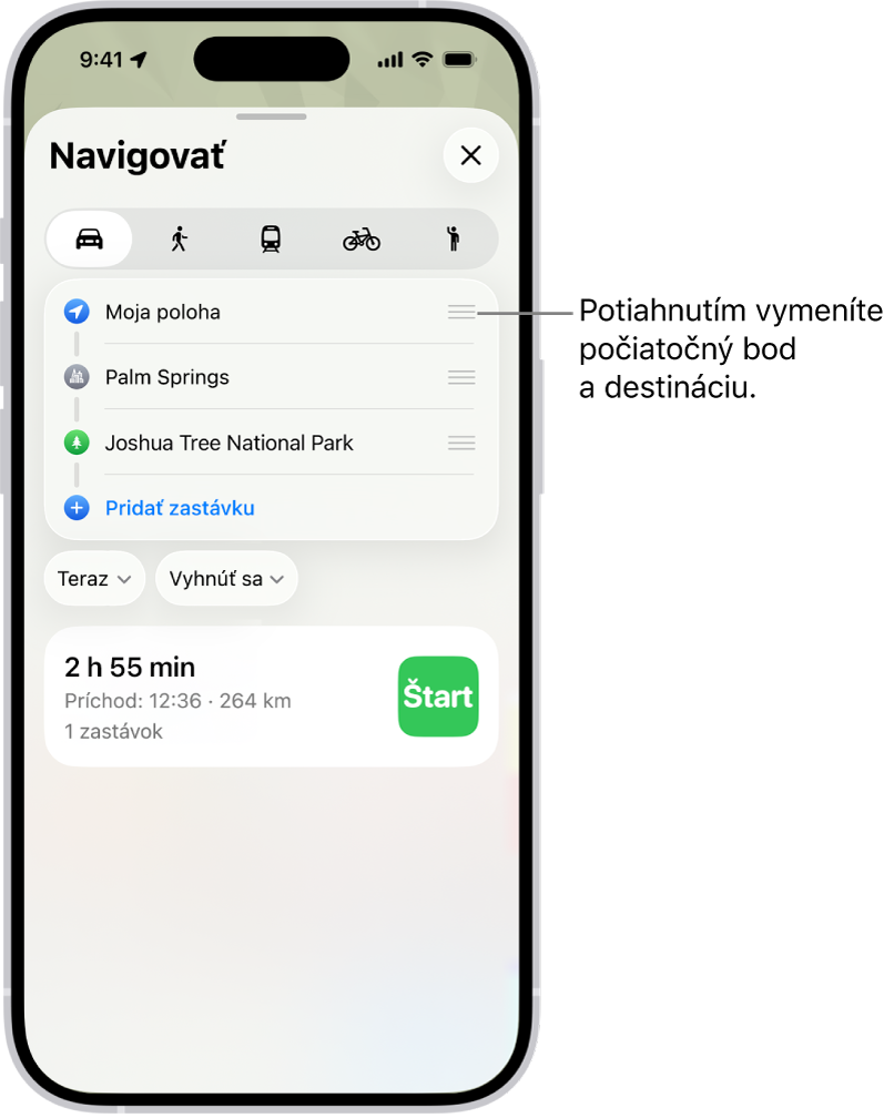 Mapa s viacerými možnými trasami pre cestu autom medzi aktuálnou polohou a cieľom.