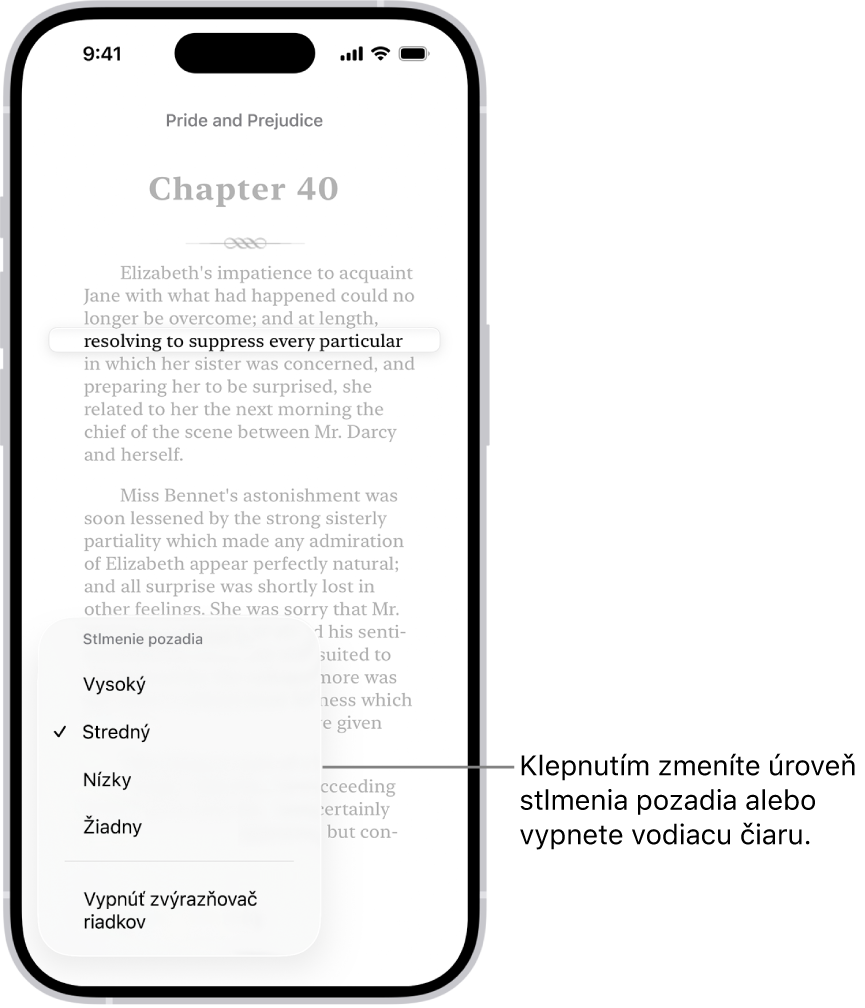 Strana knihy v apke Knihy. Jeden riadok textu je zvýraznený a zvyšok textu je stmavený. V ľavom dolnom rohu obrazovky je tlačidlo Menu zvýrazňovača riadkov.