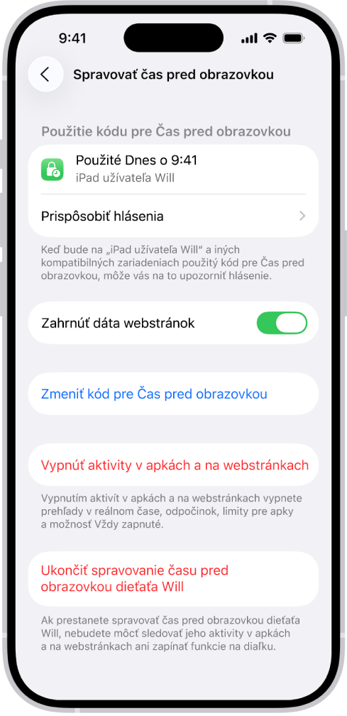 Obrazovka správy Času pred obrazovkou pre dieťa v rodine. V hornej časti obrazovky sa zobrazuje, kedy bol naposledy použitý kód a na ktorom zariadení.
