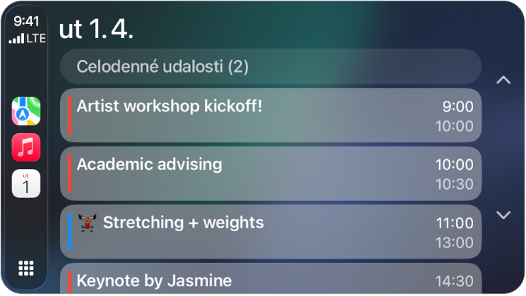 CarPlay zobrazujúci apky Mapy, Hudba a Kalendár na postrannom paneli. Vpravo sú udalosti naplánované na pondelok 5. júna: pracovné stretnutie ohľadom portfólia, workshop o zručnostiach vedúcich pracovníkov, príprava prezentácie a nácvik zboru.