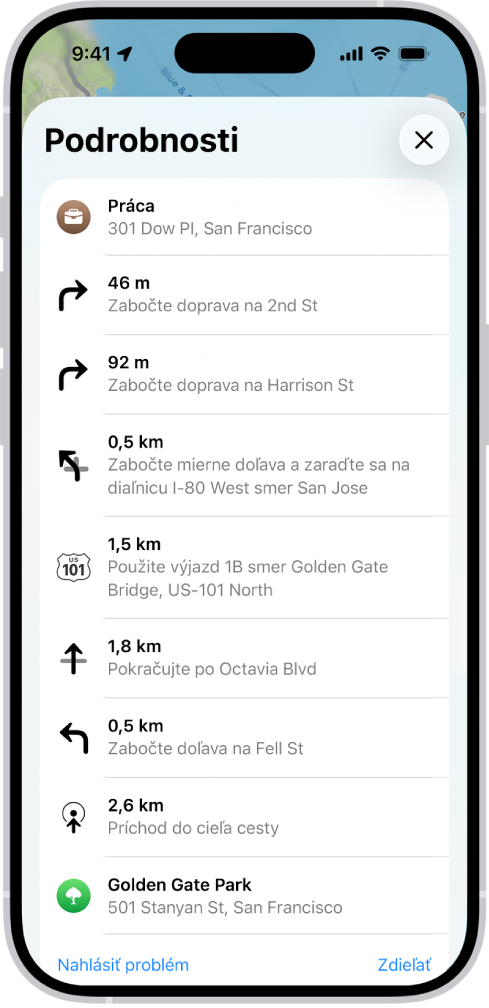 Podrobné navigačné pokyny pre trasu zobrazené v zozname.