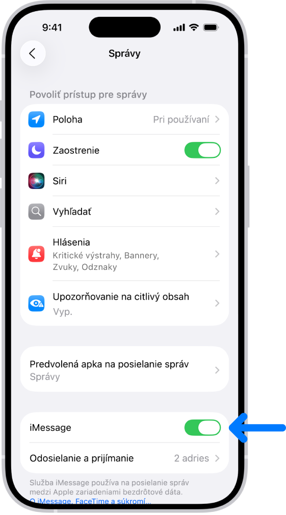 Panel nastavení Správy so zapnutou službou iMessage.