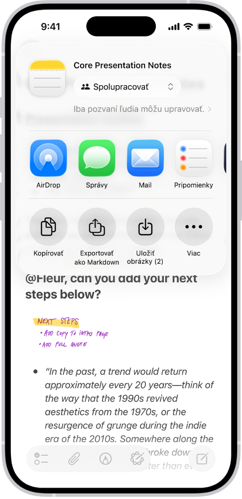Poznámka s prekrytím zobrazujúcim možnosti zdieľania.