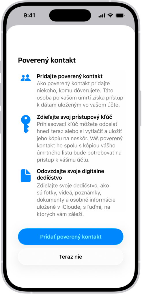 Obrazovka Pridať kontakt na obnovu účtu s návrhmi kontaktov, ktoré môžete vybrať ako kontakty na obnovu, a s možnosťou výberu iného kontaktu.