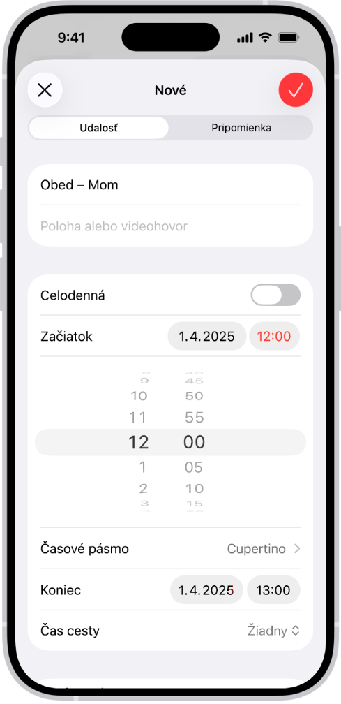 Udalosť kalendára zobrazujúca nastavenia času a časového pásma udalosti.