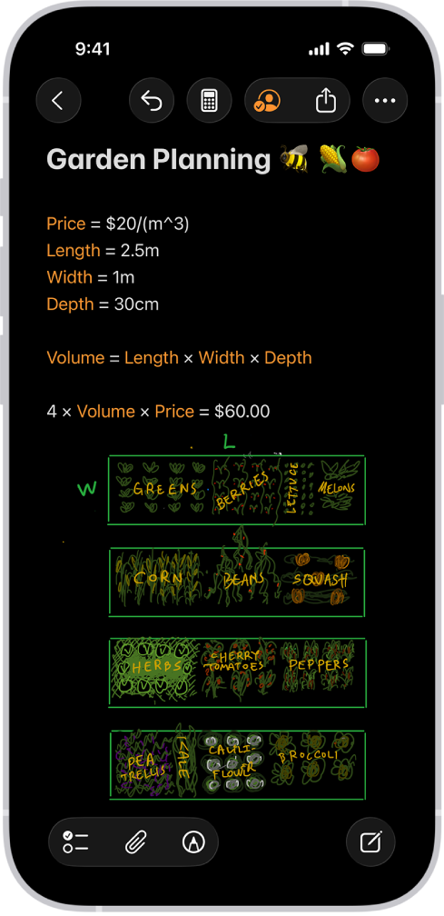 Matematická poznámka otvorená v apke Kalkulačka s deklarovanými premennými, rovnicami a nákresom matematickej úlohy.