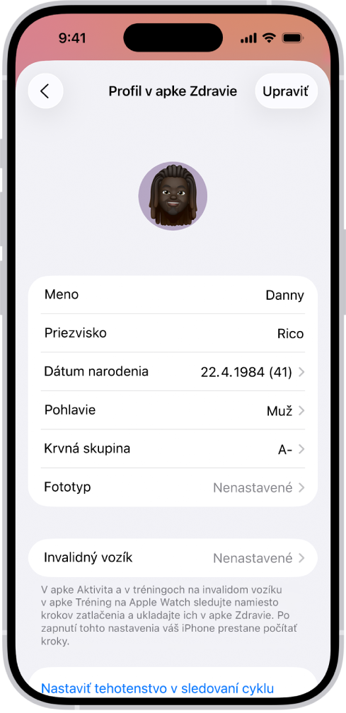 Obrazovka Profil v apke Zdravie s poľami pre meno, dátum narodenia, krvnú skupinu a ďalšie údaje.
