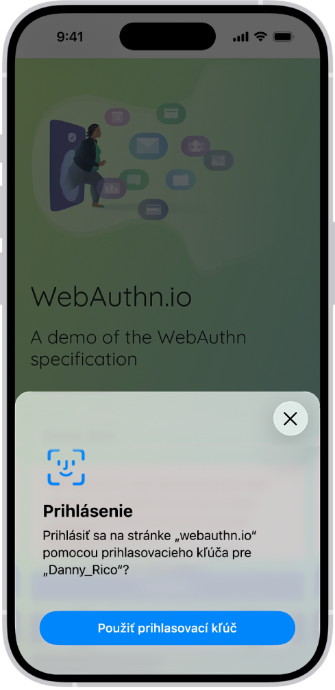 Na spodnej polovici obrazovky iPhonu je zobrazená možnosť použiť prihlasovací kľúč na prihlásenie na webovej stránke.