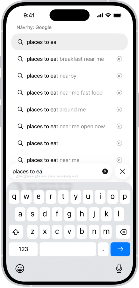 Obrazovka vyhľadávania v Safari s dotykovou klávesnicou v spodnej časti obrazovky. Nad klávesnicou je vyhľadávacie pole so zadaným textom a nad ním sú uvedené návrhy súvisiacich vyhľadávaní.