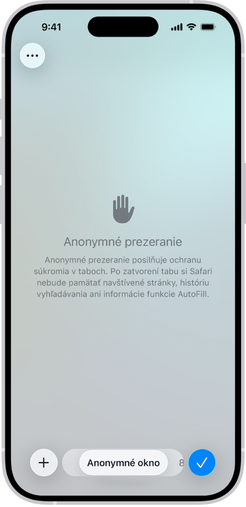 Obrazovka anonymného prezerania v apke Safari. V poli v dolnej časti obrazovky sa zobrazí slovo Anonymné.