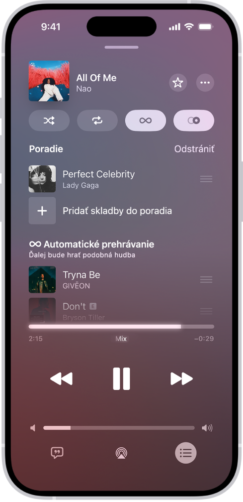 Na obrazovke Práve hrá sa zobrazuje poradie so zapnutým automatickým prehrávaním a funkciou AutoMix. Pod skladbami v poradí sa objavia podobné skladby.
