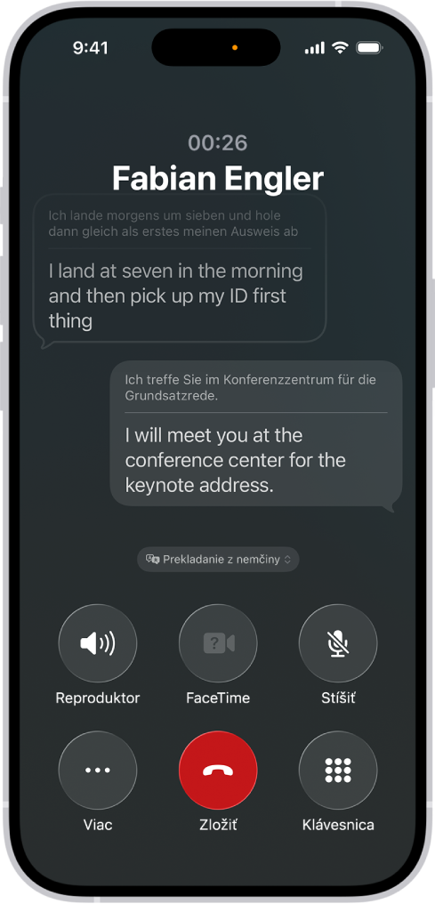 Telefónny hovor v apke Telefón zobrazuje konverzáciu preloženú z nemčiny do angličtiny.