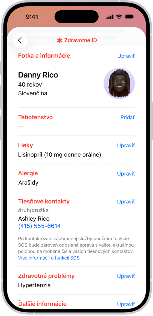 Obrazovka Zdravotné ID, ktorá obsahuje rôzne informácie, ako je napríklad dátum narodenia, lieky, alergie, tiesňové kontakty a zdravotný stav.