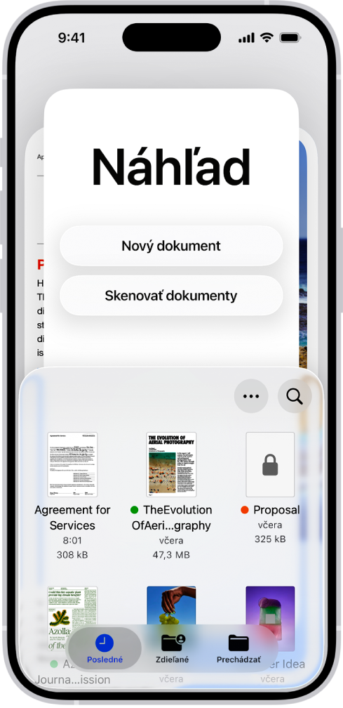 Prehliadač dokumentov v apke Preview. V strede obrazovky sú tlačidlá Nový dokument, Skenovať dokumenty, Viac a Hľadať. V spodnej časti obrazovky sa nachádzajú tlačidlá Posledné, Zdieľané a Prechádzať.