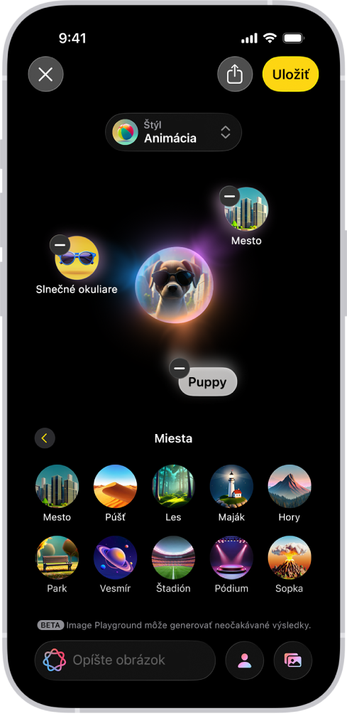 Okno apky Image Playground, v ktorom je vygenerovaný obrázok psa so slnečnými okuliarmi.