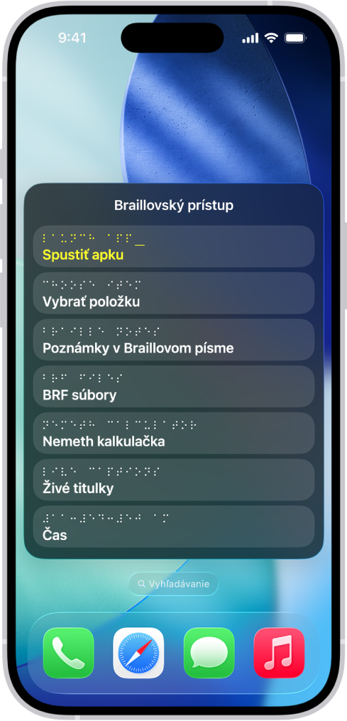 Na iPhone je otvorené menu Braillovský prístup, v ktorom sa zobrazujú tieto možnosti: Spustiť apku, Vybrať položku, Poznámky v Braillovom písme, BRF súbory, Kalkulačka, Živé titulky a Čas.