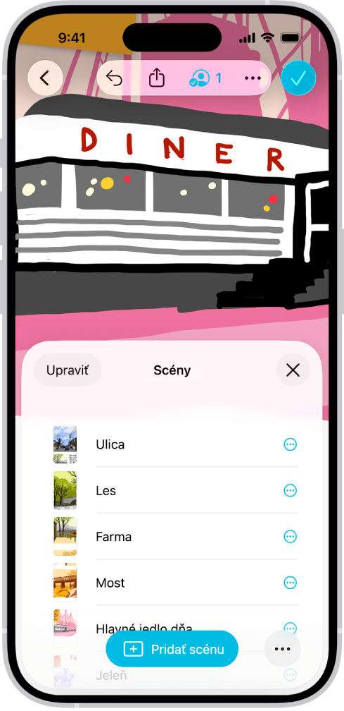 Nástenka Freeform s otvoreným Navigátorom scén a niekoľkými uloženými scénami.