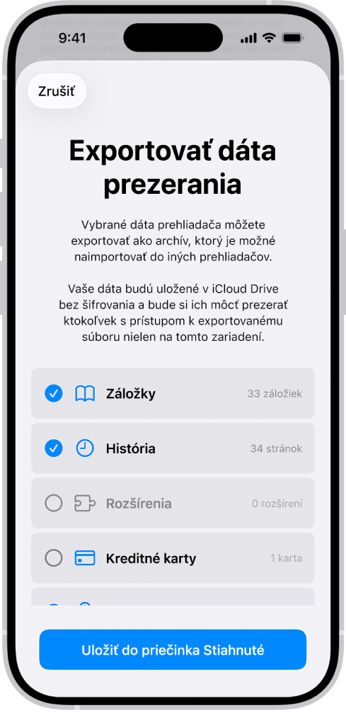 Obrazovka Exportovať dáta prezerania s dátami, ktoré možno zo Safari exportovať do iného prehliadača.