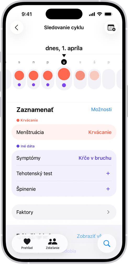 Obrazovka Sledovanie cyklu zobrazujúca týždňovú časovú os v hornej časti obrazovky. Vyplnené červené kruhy a fialové bodky označujú prvých 5 dní na časovej osi. Pod časovou osou sa nachádzajú možnosti na pridanie informácií o menštruácii, symptómov a ďalších informácií.