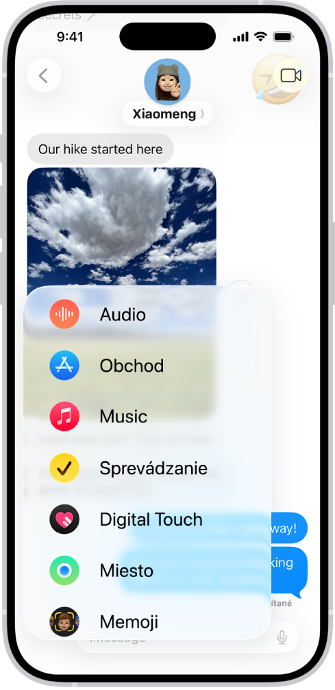 Menu Pridať v apke Správy na iPhone uvádza niekoľko funkcií iMessage: zvukové správy, App Store, GIF obrázky, sprevádzanie, Digital Touch, zdieľanie polohy a memoji.