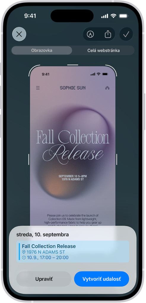 Leták z podujatia otvorený vo vizuálnej inteligencii. V dolnej časti obrazovky sa zobrazuje udalosť kalendára s tlačidlami na úpravu a vytvorenie udalosti.
