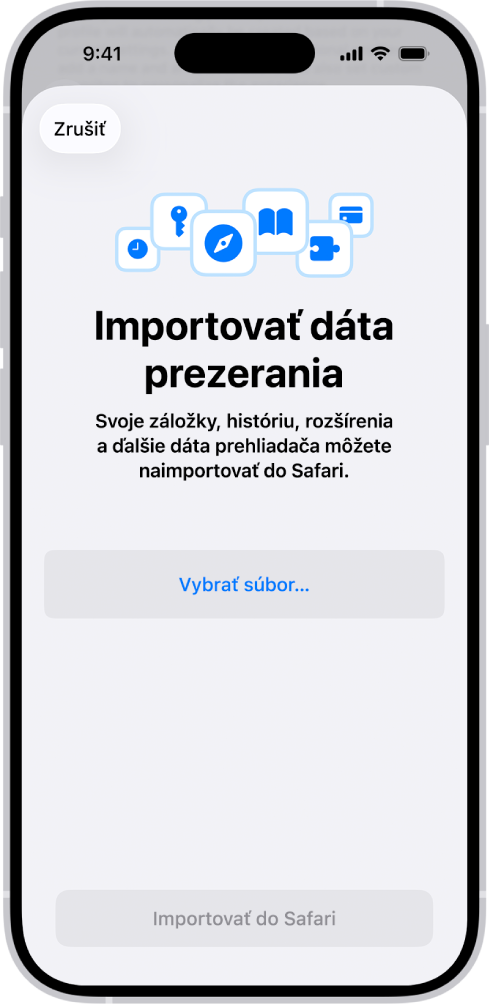 Obrazovka Importovať dáta prezerania s výzvou na výber súboru, ktorý sa má importovať.