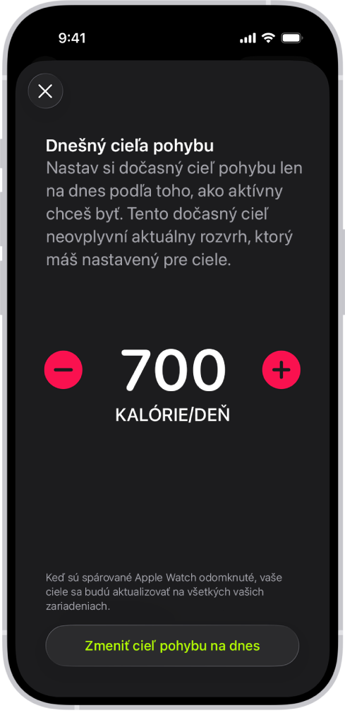 Obrazovka rozvrhu cieľa pohybu v apke Kondícia zobrazujúca tlačidlá na zvýšenie alebo zníženie cieľa pohybu.