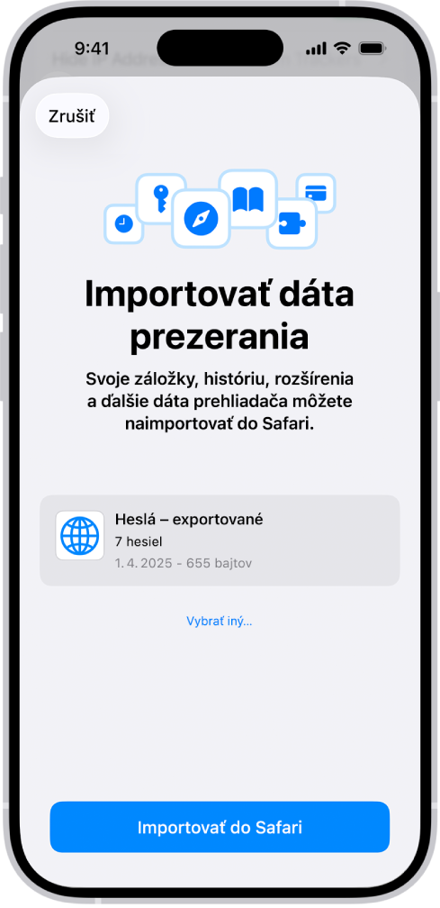 Obrazovka Importovať dáta prezerania s CSV súborom s heslami z iného správcu hesiel pripraveným na import.