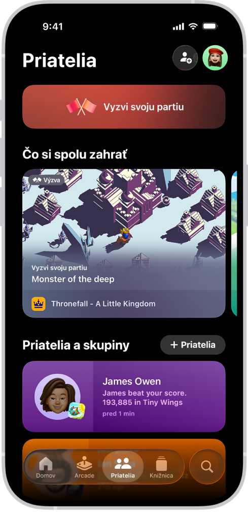 Tab Priatelia v apke Apple Games zobrazujúca možnosti na vyzývanie priateľov, odporúčania hier, ktoré si môžete zahrať spolu, a nedávnu aktivitu priateľa.