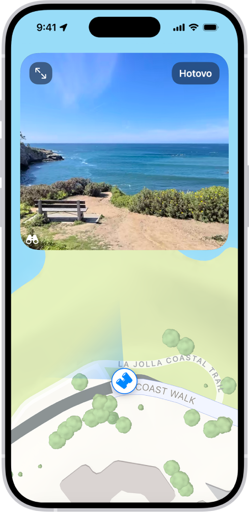 Nad mapou oblasti v apke Mapy je jej pohyblivé panoramatické 360-stupňové zobrazenie. Ikona funkcie Rozhliadnuť sa na mape nasmerovaná tam, kam sa pozeráte.