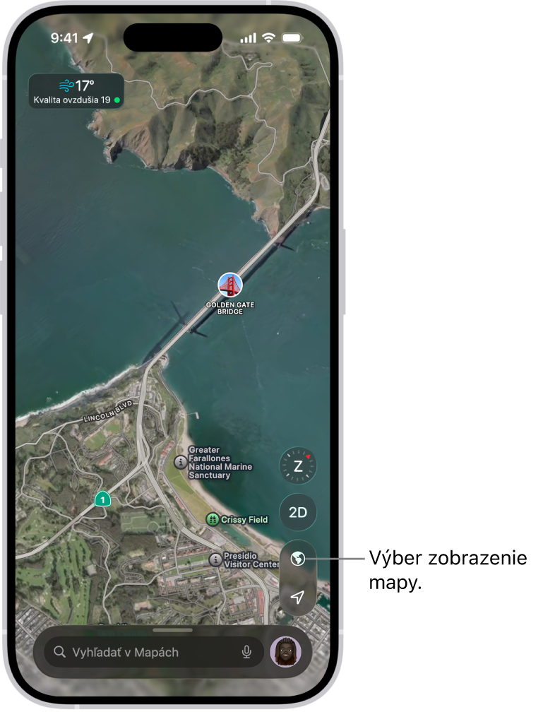 3D mapa ulice a parku zobrazuje stromy, body záujmu a dôležité prvky ako toalety.