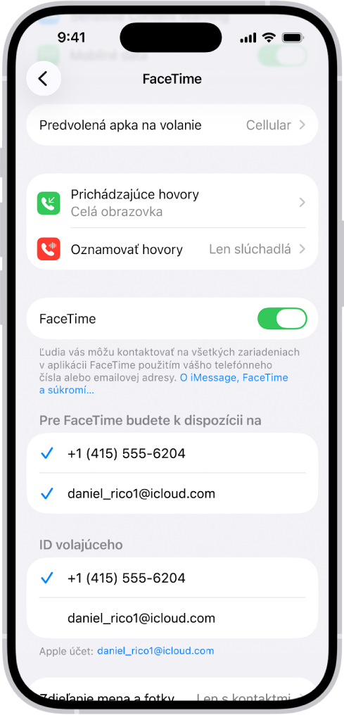 Obrazovka nastavení apky FaceTime zobrazujúca možnosť Predvolená apka na volanie, ovládací prvok na zapnutie alebo vypnutie služby FaceTime a telefónne číslo a emailovú adresu, na ktorých vás možno zastihnúť.