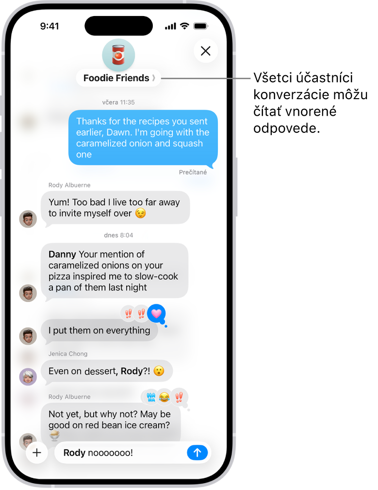 Písanie vnorenej odpovede v rámci skupinovej konverzácie v apke Správy. Obsahuje zmienku ďalšej osoby v konverzácii, ktorej meno sa preto zobrazuje tučným písmom.