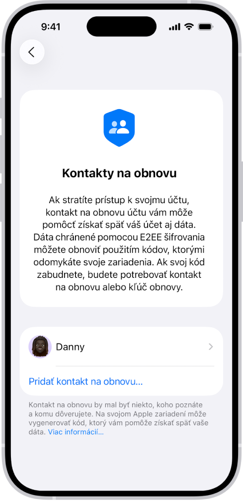 Obrazovka Pridať kontakt na obnovu účtu.