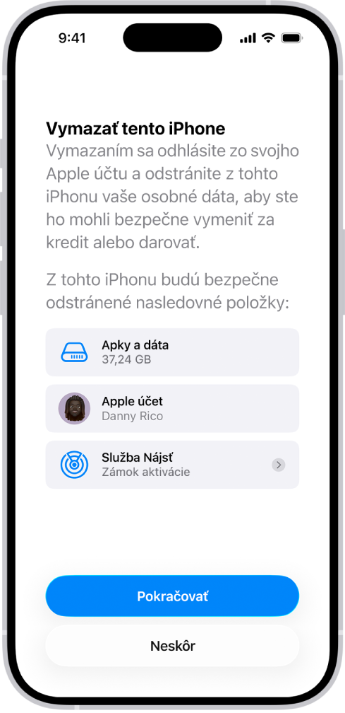 Obrazovka Vymazať tento iPhone.