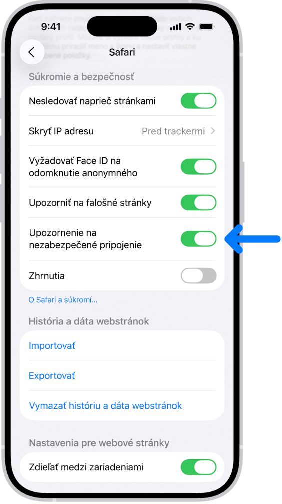 Ovládací prvok Upozornenie na nezabezpečené pripojenie v časti Súkromie a bezpečnosť na obrazovke Safari v Nastaveniach.