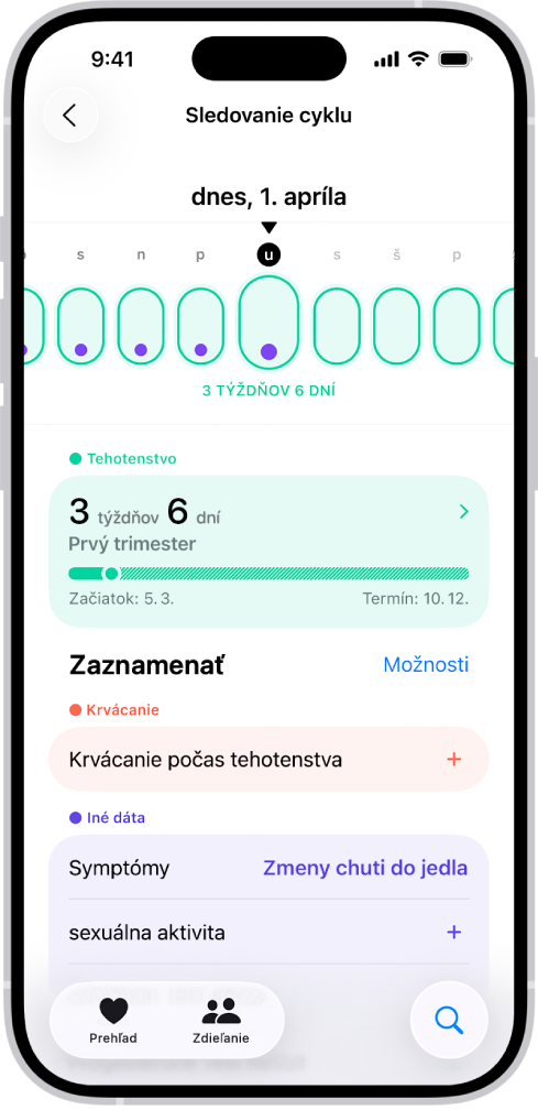 Obrazovka Sledovanie cyklu s časovou osou tehotenstva za týždeň v hornej časti obrazovky. Svetlozelené ovály a fialové bodky označujú prvých 5 dní na časovej osi. Svetlozelené ovály s prerušovaním okrajom označujú ostatné dni na časovej osi. Pod časovou osou sa nachádza zhrnutie tehotenstva, v ktorom je uvedený gestačný vek, dátum začiatku a odhadovaný dátum pôrodu. Pod zhrnutím tehotenstva sú možnosti na pridanie informácií o krvácaní počas tehotenstva, symptómoch a ďalších skutočnostiach.