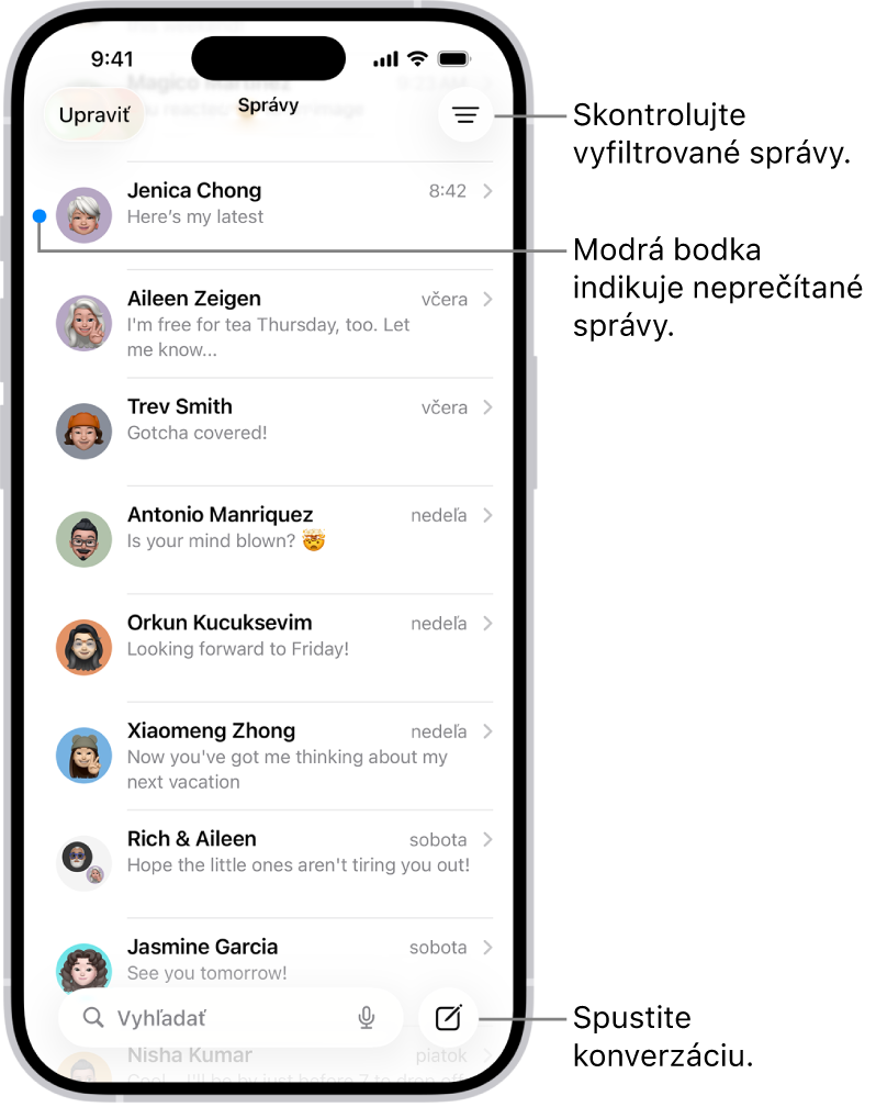 Zoznam konverzácií v apke Správy s tlačidlom Napísať vpravo dole. Neprečítané správy sú označené modrou bodkou naľavo od správy.