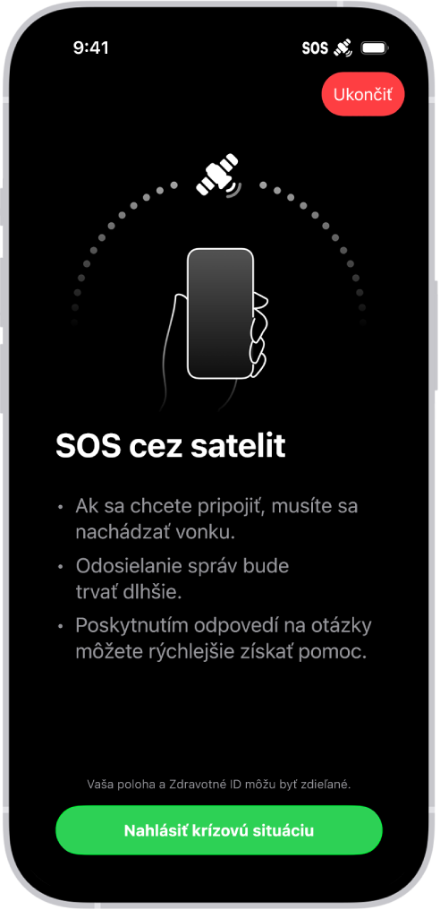 Obrazovka funkcie SOS zobrazuje, že telefón je pripojený, a prikazuje užívateľovi nasmerovať zariadenie na satelit. V dolnej časti obrazovky je tlačidlo Nahlásiť krízovú situáciu.