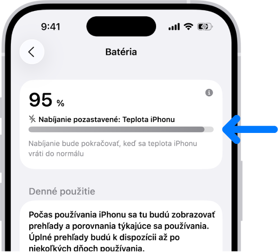 Karta s informáciami o nabíjaní v nastaveniach Batérie na iPhone. Karta zobrazuje batériu nabitú na 95 % s hlásením „Nabíjanie pozastavené: Teplota iPhonu.“ Poznámka nižšie uvádza, že nabíjanie bude pokračovať, keď sa teplota iPhonu vráti do normálu.