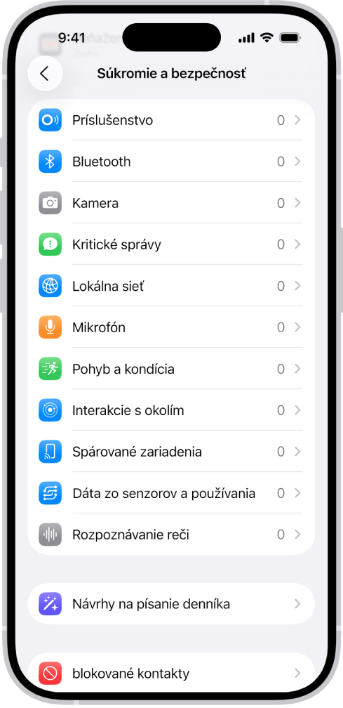 Obrazovka Súkromie a bezpečnosť s nastaveniami na ovládanie, ktoré apky môžu používať kameru, mikrofón a ďalšie časti iPhonu.