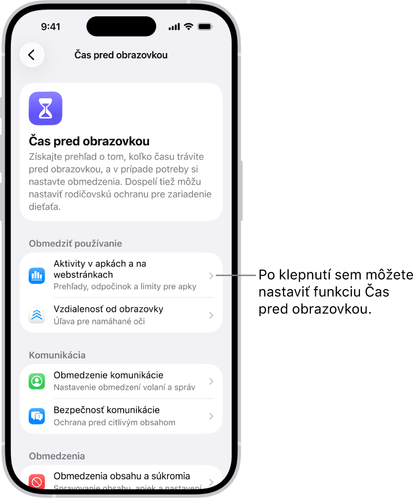 Obrazovka nastavenia funkcie Čas pred obrazovkou, na ktorej je uvedené, že máte začať klepnutím na Aktivity v apkách a na webstránkach.
